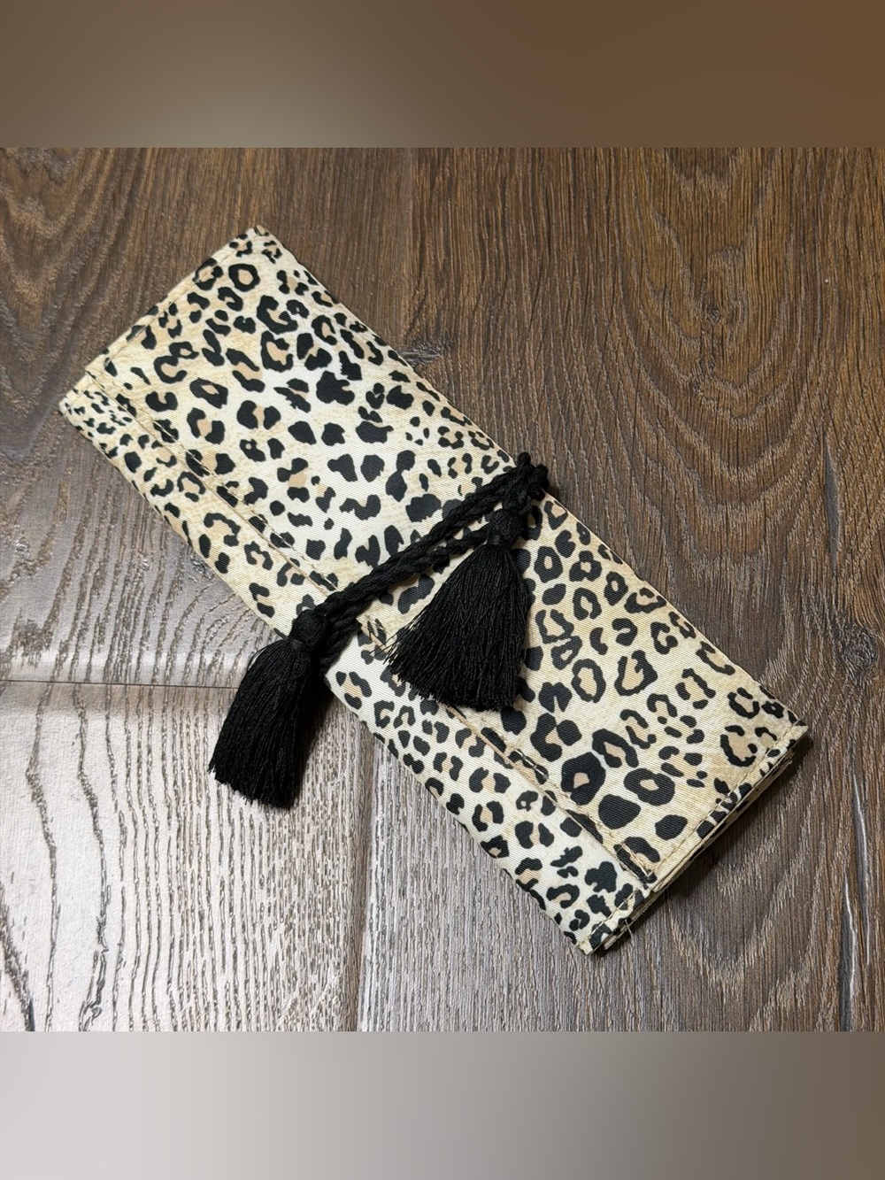 Brand new Chicos Leopard Print Tassel JewelryCase- Black and Cream